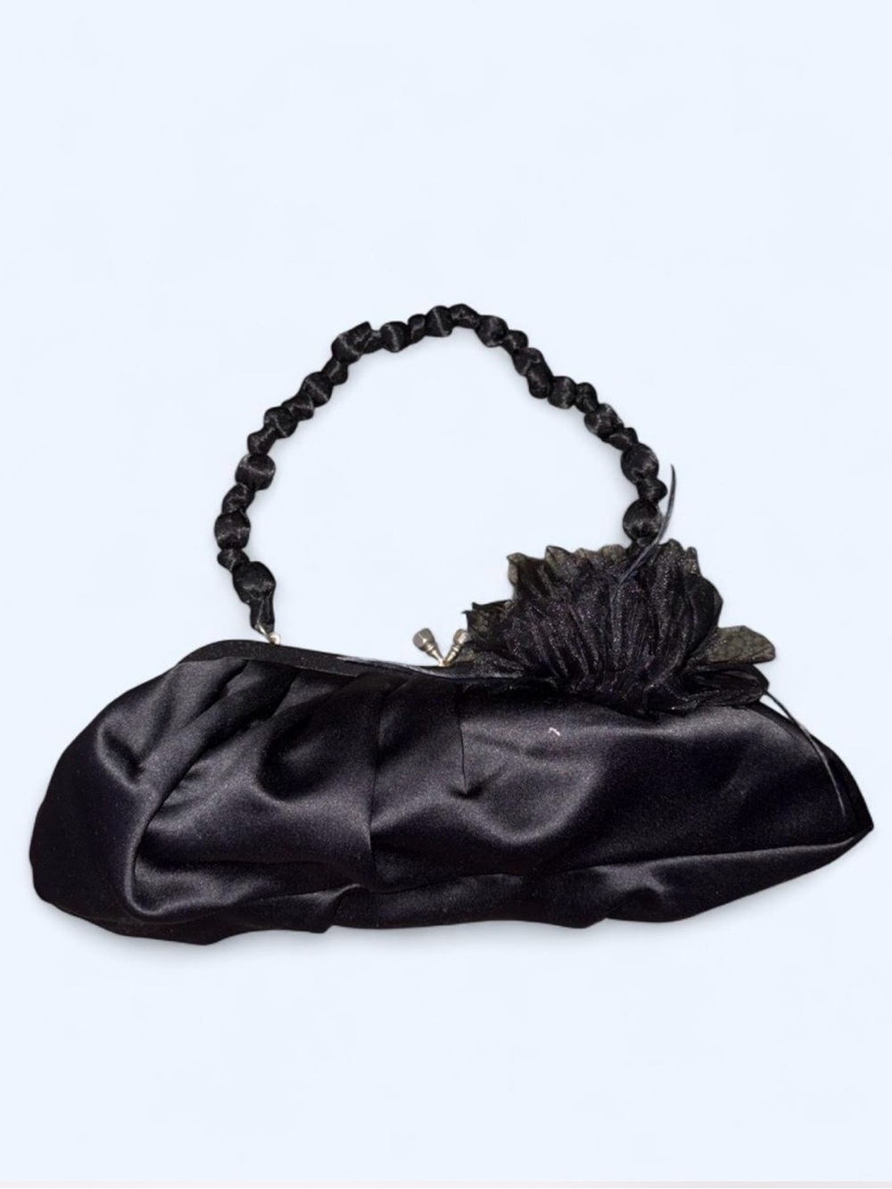 Black Satin Evening Clutch with Floral Accent